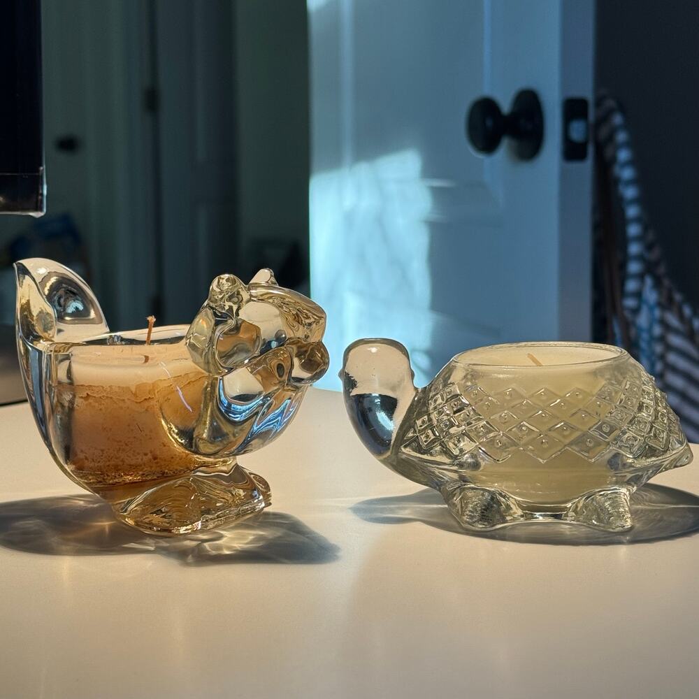 VINTAGE Avon | set of 2 |
 turtle & chipmunk glass votive candle holders